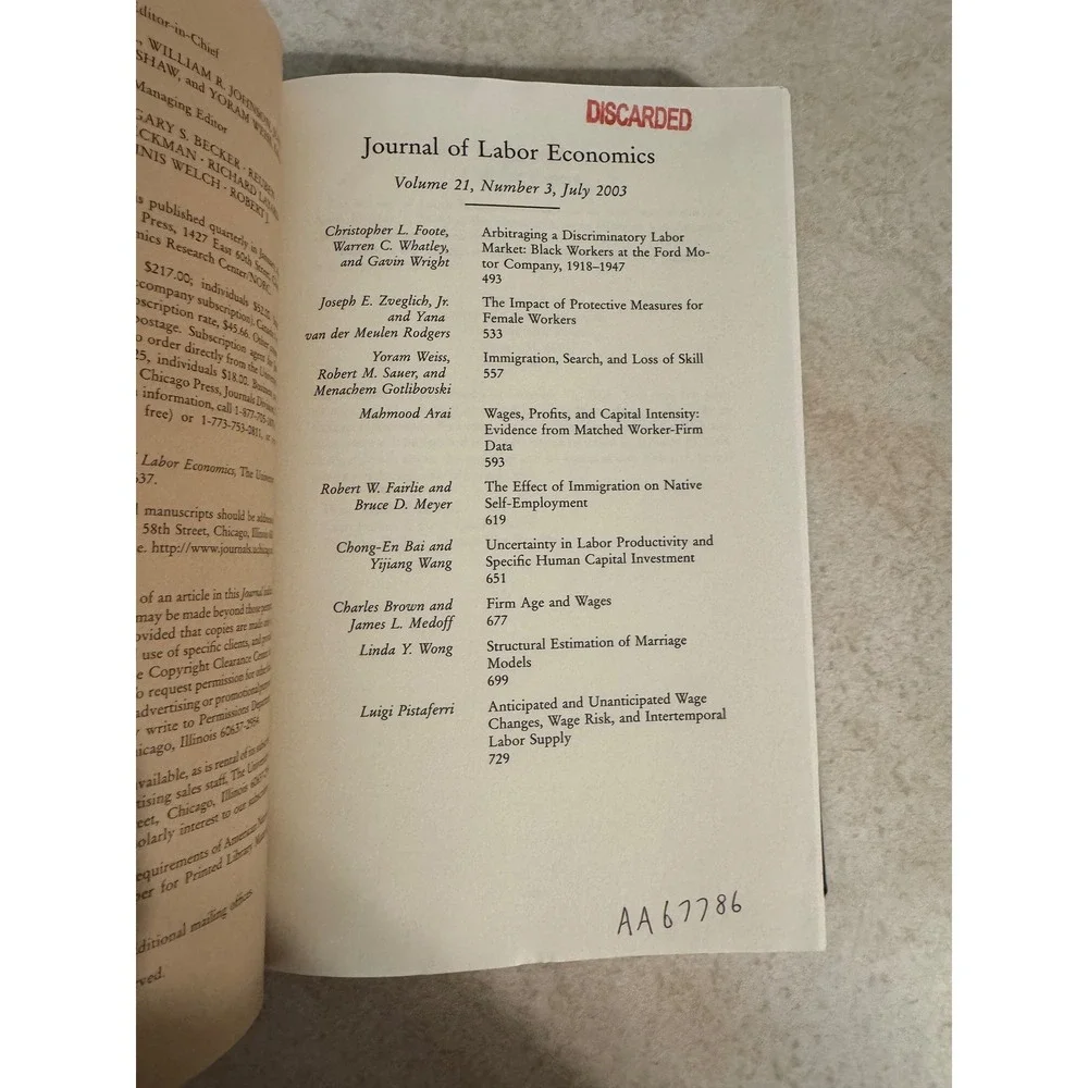 Journal of Labor Economics Vol 21 No 3-4 2003 Hardcover University Library Bound